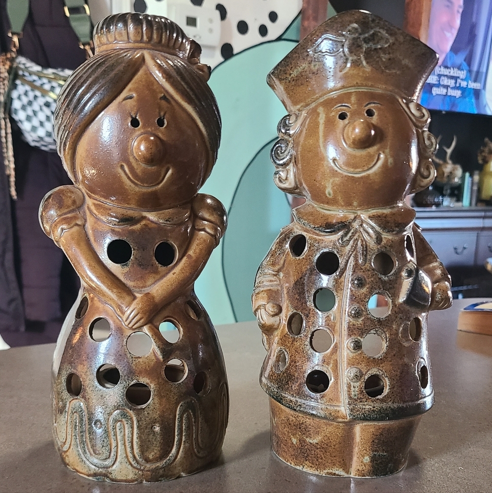 Vintage Mid-Century Man and Woman Pottery Candle Holders, Luminary Votive Holder